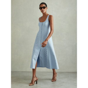 REISS CLARICE Linen Broderie Midi Dress